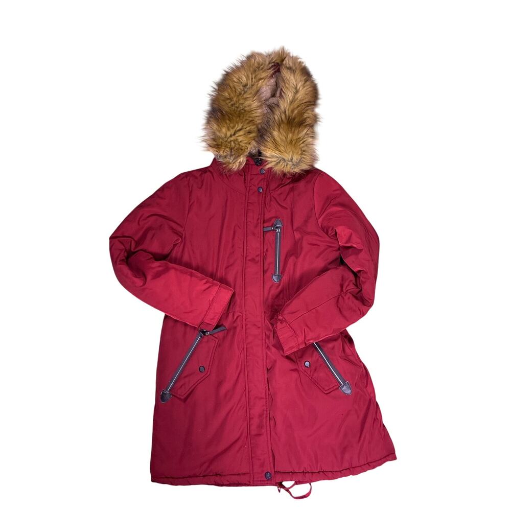 Dream Stone Fur Lined Hooded Coat Womens Large Red Winter Jacket Warm Faux Fur